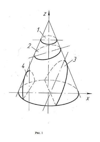 Рис. 1. Сечение конуса: 1  – окружность; 2 – эллипс; 3 – парабола; 4 – гипербола